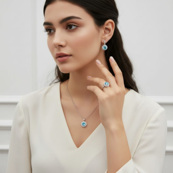 925 Ayar Gümüş Mavi Turkuaz Taşlı 3 Parça Takı Seti